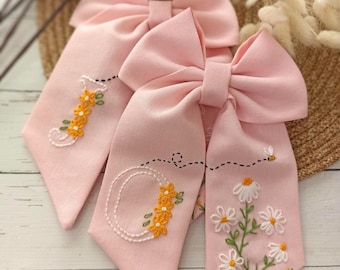 Handmade Linen Hair Bow: Floral Embroidered Initial Clip