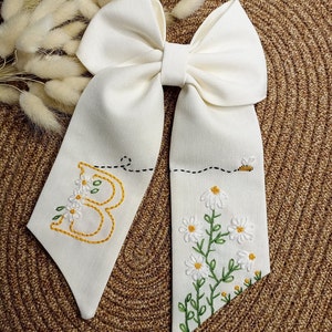 Hand embroidery bow, Handmade hair clips, Floral hair bow, Daisy bow, Custom name buckles,