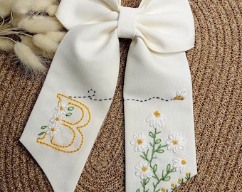 Handmade Linen Hair Bow: Embroidered Daisy Floral Clip, Custom Name