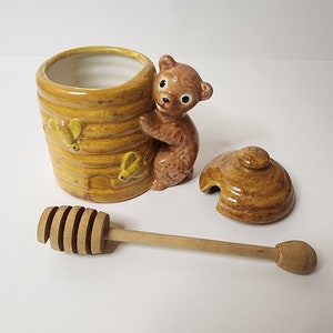 Vintage Honey Jar with lid and dipper Brown Bear Ceramic