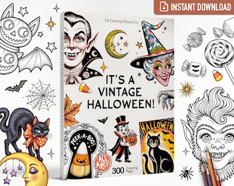 Könnte beinhalten: Ein Malbuch mit dem Titel It's a Vintage Halloween! mit Illustrationen von einem Vampir, einer Hexe, einer schwarzen Katze, einer Mondsichel und Zuckermais. Das Cover zeigt den Text The Coloring Dream Co. und 300 Coloring Pages.