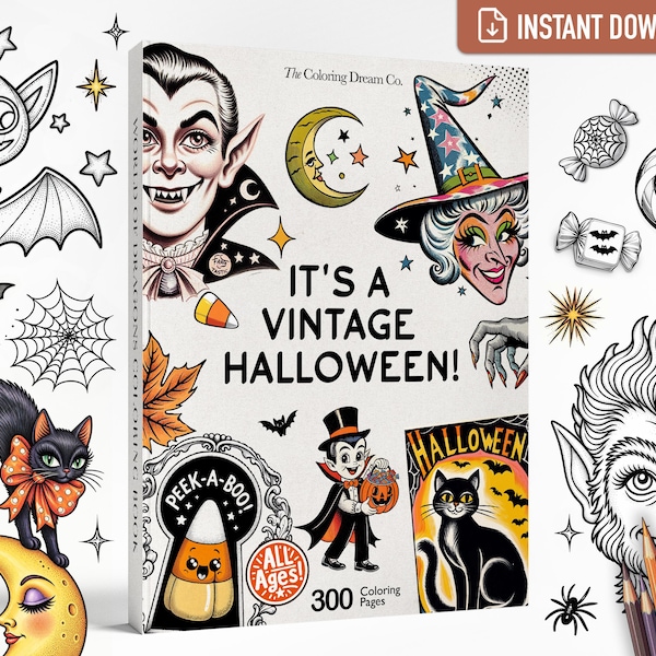 300 Pages! Retro Vintage Halloween Coloring Book, Printable PDF, Kids & Adults, Fall Autumn Party Coloring Page, Spooky Haunted Witch Magic