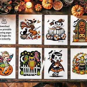 May include: Set of six printable Halloween coloring pages featuring a witch on a broomstick, a cat in a pumpkin carriage, a pumpkin house, a fairy sitting on a pumpkin, owls in a tree, and a vampire girl holding a lollipop.