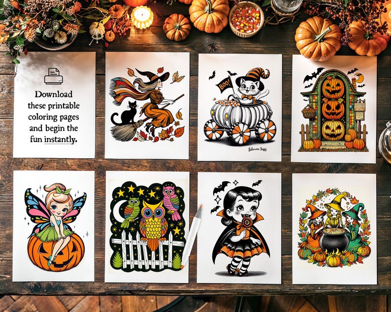 May include: Set of six printable Halloween coloring pages featuring a witch on a broomstick, a cat in a pumpkin carriage, a pumpkin house, a fairy sitting on a pumpkin, owls in a tree, and a vampire girl holding a lollipop.
