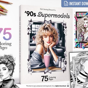 90s Supermodels Coloring Book, Fashion Coloring Book, Printable Coloring Page, Printable PDF, Adults Kids Coloring Pages, Beautiful Girls