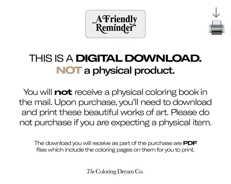 May include: A digital download reminder graphic with the text "THIS IS A DIGITAL DOWNLOAD. NOT a physical product." and a printer icon. The text explains that the product is a digital download and not a physical item.