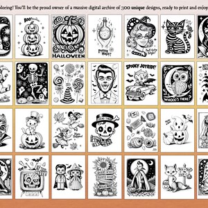 May include: A set of 24 black and white Halloween themed illustrations featuring various characters, objects, and scenes. The illustrations include a skeleton, a witch, a cat, a ghost, a pumpkin, a vampire, a skull, a bat, a spider, a candy corn, a haunted house, and more.