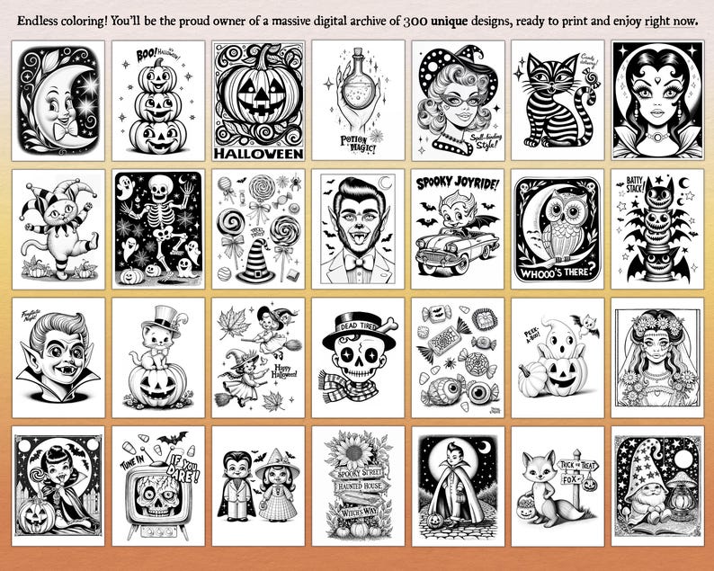 May include: A set of 24 black and white Halloween themed illustrations featuring various characters, objects, and scenes. The illustrations include a skeleton, a witch, a cat, a ghost, a pumpkin, a vampire, a skull, a bat, a spider, a candy corn, a haunted house, and more.