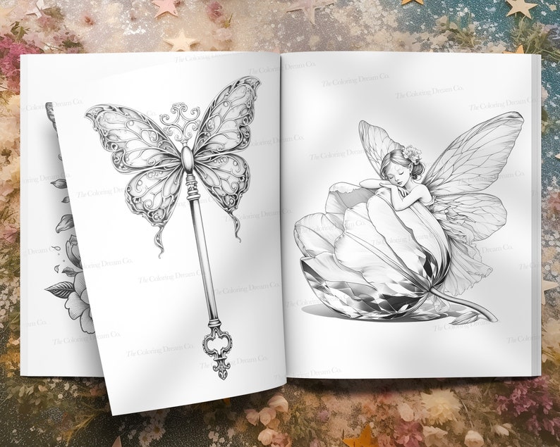 May include: A black and white coloring book page featuring a fairy sleeping inside a large flower and a key with butterfly wings.