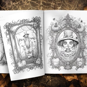 May include: Two black and white illustrations in an open book. The left page features a scarecrow standing in a field with pumpkins. The right page features a portrait of a doll with a top hat and a pumpkin in the background. Both illustrations are framed with ornate borders.
