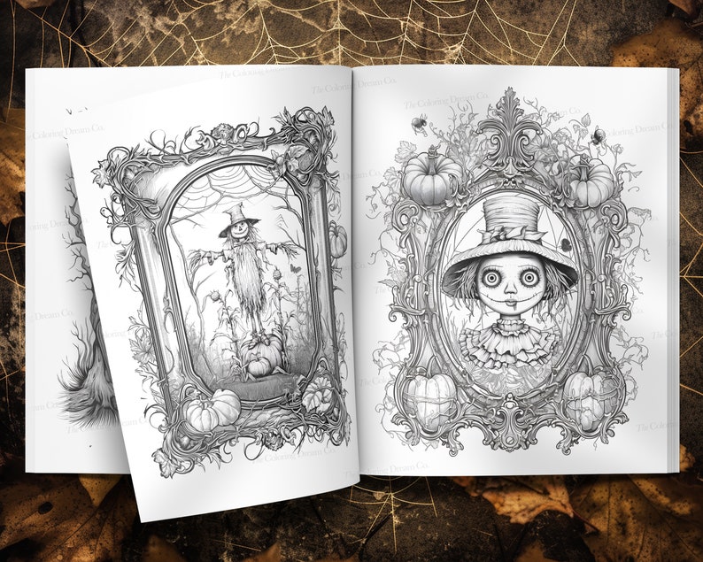 May include: Two black and white illustrations in an open book. The left page features a scarecrow standing in a field with pumpkins. The right page features a portrait of a doll with a top hat and a pumpkin in the background. Both illustrations are framed with ornate borders.