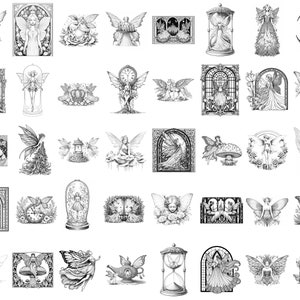 May include: A collection of 40 black and white illustrations featuring fairies, clocks, and other whimsical elements. The illustrations are in a variety of styles, some are more detailed and intricate, while others are simpler and more stylized.