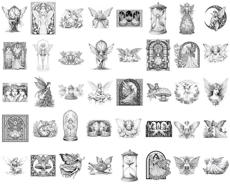 May include: A collection of 40 black and white illustrations featuring fairies, clocks, and other whimsical elements. The illustrations are in a variety of styles, some are more detailed and intricate, while others are simpler and more stylized.