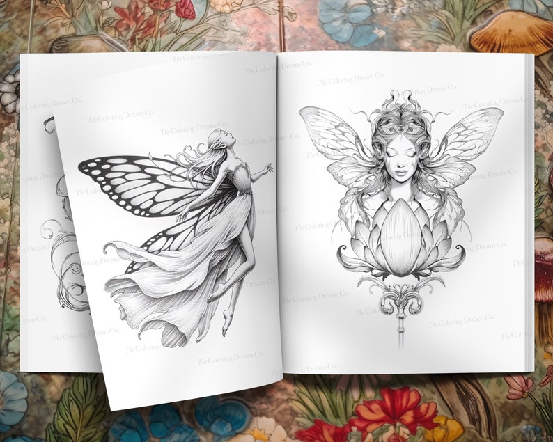 May include: Two black and white illustrations of fairies. The first fairy is flying with wings spread wide and a long flowing dress. The second fairy is sitting with wings folded and a lotus flower in front of her.