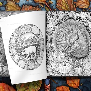 May include: A black and white colouring book page with two illustrations. The left page features a pig in a field with a farmhouse in the background. The right page features a turkey with a detailed design on its feathers.
