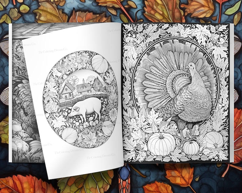 May include: A black and white colouring book page with two illustrations. The left page features a pig in a field with a farmhouse in the background. The right page features a turkey with a detailed design on its feathers.