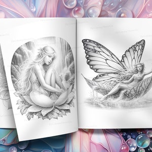May include: A coloring book page featuring two illustrations of fairies. The first illustration shows a fairy sitting on a large flower with a waterfall in the background. The second illustration shows a fairy with large wings sitting on a leaf in a body of water.