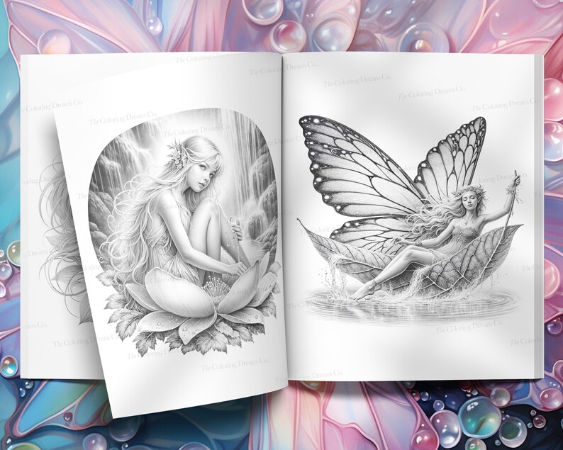 May include: A coloring book page featuring two illustrations of fairies. The first illustration shows a fairy sitting on a large flower with a waterfall in the background. The second illustration shows a fairy with large wings sitting on a leaf in a body of water.