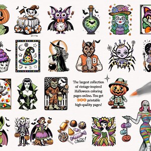 May include: A collection of 300 printable Halloween coloring pages featuring vintage-inspired illustrations of spooky characters, including a witch, a werewolf, a spider, a skeleton, a bat, a pumpkin, and a monster. The text "The largest collection of vintage-inspired Halloween coloring pages online. You get 300 printable high-quality pages!" is also included.