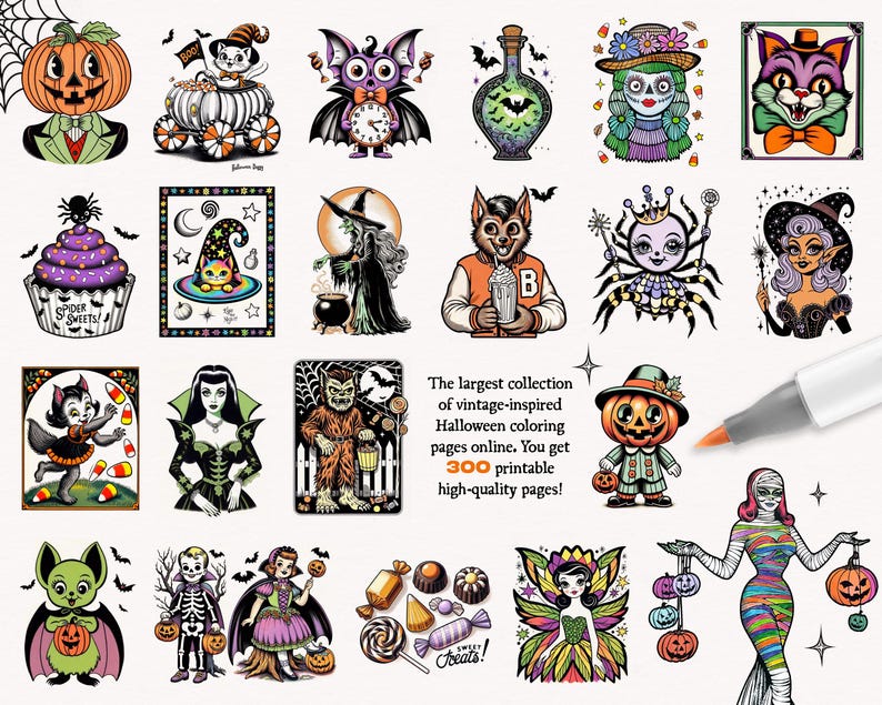 May include: A collection of 300 printable Halloween coloring pages featuring vintage-inspired illustrations of spooky characters, including a witch, a werewolf, a spider, a skeleton, a bat, a pumpkin, and a monster. The text "The largest collection of vintage-inspired Halloween coloring pages online. You get 300 printable high-quality pages!" is also included.