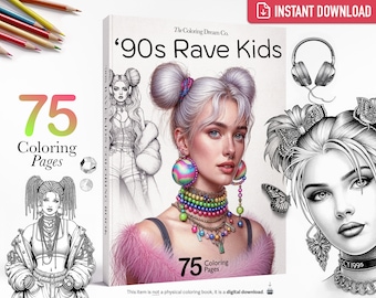 90s Rave Kids Coloring Book, Anime Fashion Coloring Book, Printable Coloring Page, PDF, Adults Kids Coloring Pages, Beautiful Girls