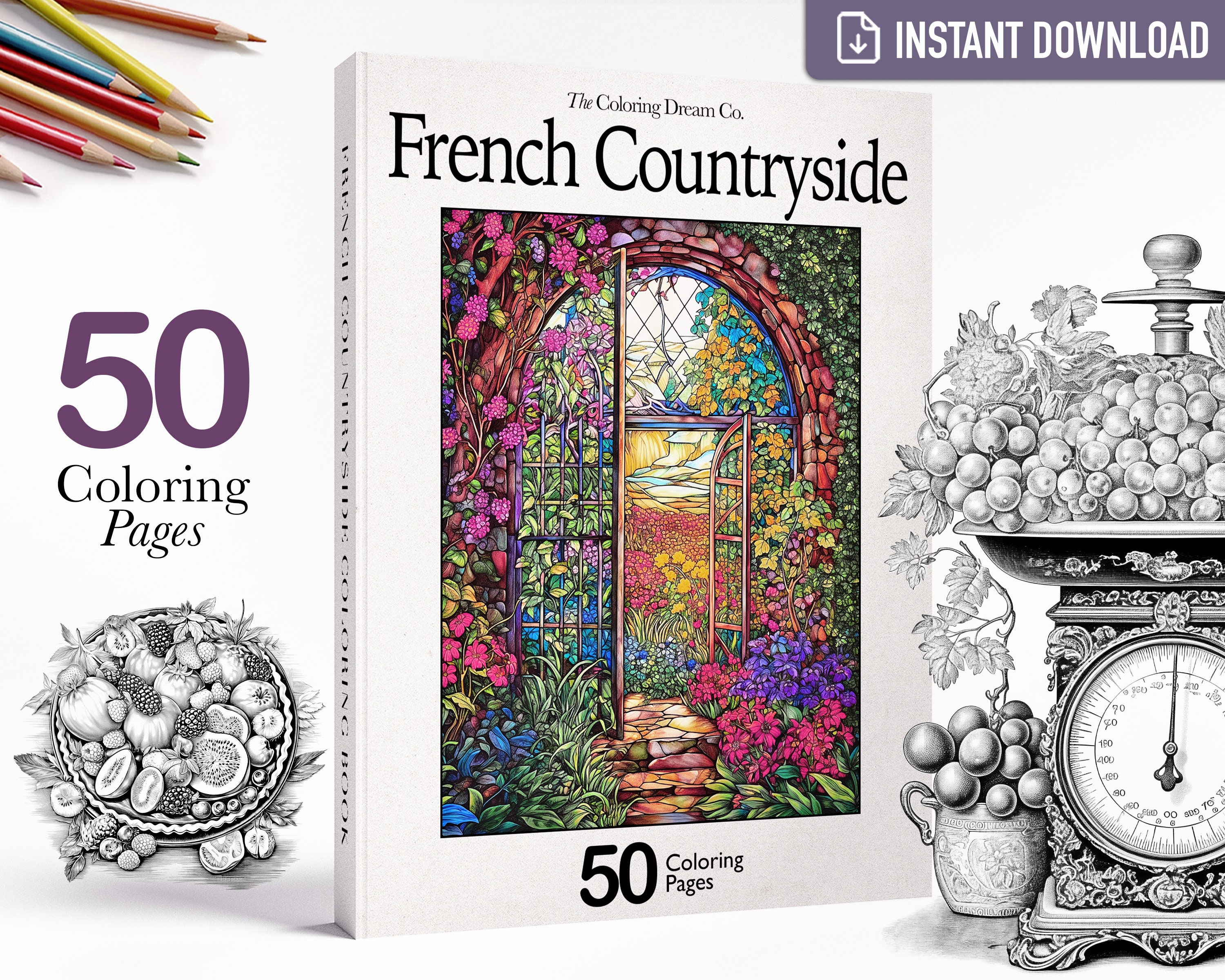 French Countryside Whimsical Coloring Book, Nature Landscapes, Printable Coloring Page, Adults Kids Coloring Pages