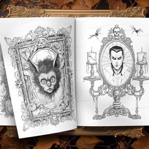 May include: Black and white illustration of a spooky creature with large eyes and a furry face in a decorative frame. The creature is surrounded by vines and leaves. The illustration is on the left page of an open book. The right page features a black and white illustration of a vampire in a decorative frame with candles and spiderwebs.
