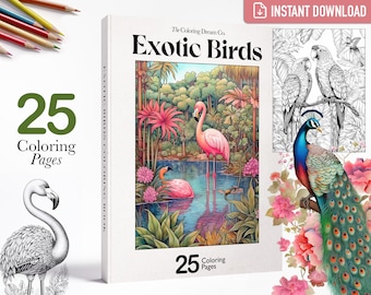 Exotic Birds Coloring Book, Tropical Birds, Printable Coloring Pages, Printable PDF, Adults Kids Coloring Pages, Grayscale, Instant Download
