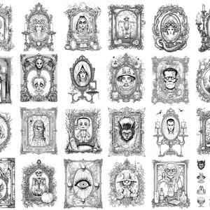 May include: A set of 25 black and white illustrations of spooky characters in ornate frames. The characters include a vampire, a mummy, a Frankenstein's monster, a witch, a ghost, a skeleton, and more.
