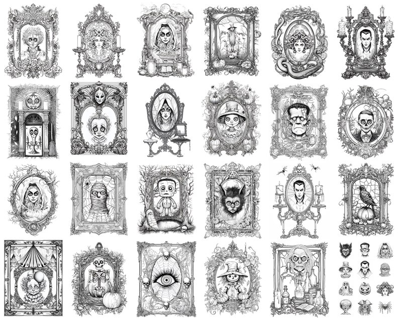 May include: A set of 25 black and white illustrations of spooky characters in ornate frames. The characters include a vampire, a mummy, a Frankenstein's monster, a witch, a ghost, a skeleton, and more.