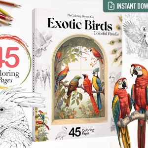 Exotic Birds Coloring Book, Tropical Birds, Printable Coloring Pages, Printable PDF, Adults Kids Coloring Pages, Grayscale, Instant Download