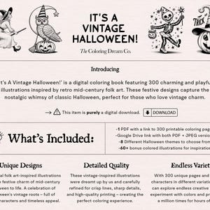 May include: A digital coloring book featuring 300 vintage Halloween illustrations. The cover shows a witch riding a broomstick, an owl, a skeleton, and a pumpkin. The book is titled "It's a Vintage Halloween!" and is described as a digital download.