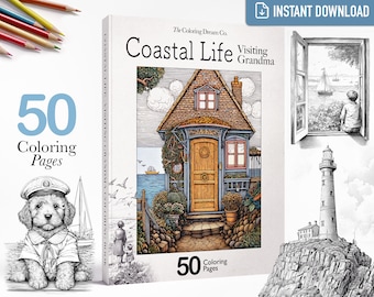 Coastal Life: Visiting Grandma Coloring Book, Summer Whimsical Nature Landscapes, Printable Coloring Page, Adults Kids Coloring Pages