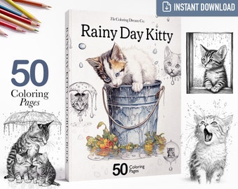 Libro para colorear de gatitos de día lluvioso, gatitos y gatos de otoño invierno, páginas para colorear imprimibles, PDF imprimible, páginas para colorear para adultos y niños