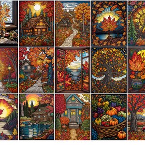 K&ouml;nnte beinhalten: Eine Sammlung von 16 digitalen Illustrationen mit Herbstmotiven, die bunte Bl&auml;tter, B&auml;ume, H&auml;user und Landschaften zeigen. Die Illustrationen sind im Stil von Buntglasfenstern mit filigranen Details und leuchtenden Farben gehalten.