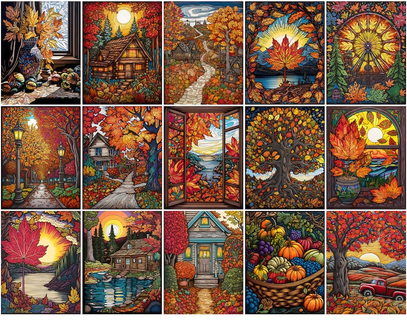 K&ouml;nnte beinhalten: Eine Sammlung von 16 digitalen Illustrationen mit Herbstmotiven, die bunte Bl&auml;tter, B&auml;ume, H&auml;user und Landschaften zeigen. Die Illustrationen sind im Stil von Buntglasfenstern mit filigranen Details und leuchtenden Farben gehalten.