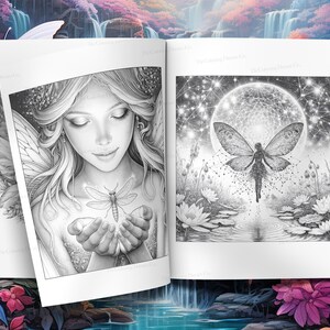 May include: Two black and white illustrations of fairies. The first illustration shows a fairy with wings holding a dragonfly in her hands. The second illustration shows a fairy with wings flying towards a full moon.