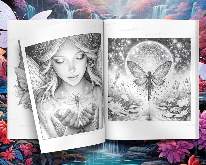 May include: Two black and white illustrations of fairies. The first illustration shows a fairy with wings holding a dragonfly in her hands. The second illustration shows a fairy with wings flying towards a full moon.