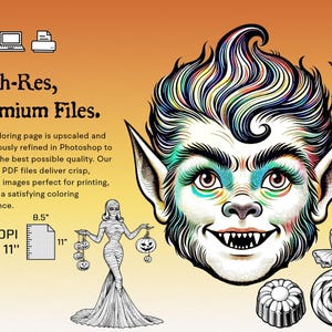 May include: A black and white coloring page featuring a monster with a colorful mohawk, holding a string of jack-o-lanterns. The page is 8.5 inches by 11 inches and 300 DPI. High-Res, Premium Files.