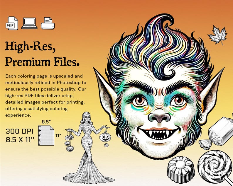 May include: A black and white coloring page featuring a monster with a colorful mohawk, holding a string of jack-o-lanterns. The page is 8.5 inches by 11 inches and 300 DPI. High-Res, Premium Files.