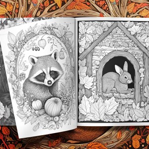 May include: A black and white illustration of a raccoon sitting in a wreath of leaves and a rabbit sitting in a small house. The raccoon is holding a pumpkin in its paws. The rabbit is looking to the right.