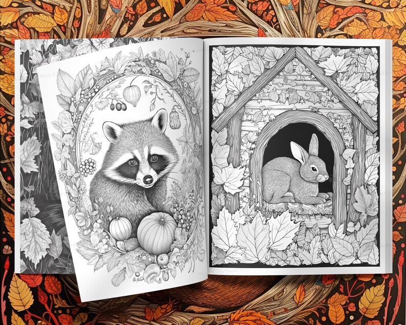 May include: A black and white illustration of a raccoon sitting in a wreath of leaves and a rabbit sitting in a small house. The raccoon is holding a pumpkin in its paws. The rabbit is looking to the right.