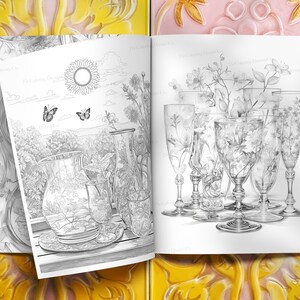 May include: A black and white illustration of a vase and glasses with floral designs. The vase and glasses are arranged on a table with a plate and a napkin. The background is a landscape with a sun, clouds, and butterflies.