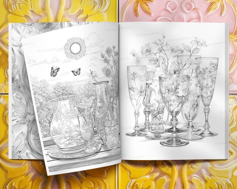 May include: A black and white illustration of a vase and glasses with floral designs. The vase and glasses are arranged on a table with a plate and a napkin. The background is a landscape with a sun, clouds, and butterflies.