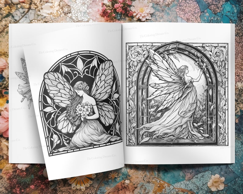 May include: Two black and white illustrations of fairies with wings, one sitting and holding flowers, the other standing in a doorway. Both fairies are surrounded by intricate floral designs.