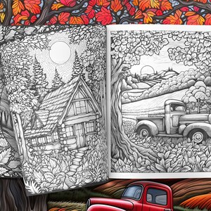 K&ouml;nnte beinhalten: Eine Schwarzwei&szlig;illustration eines aufgeschlagenen Malbuches mit zwei Seiten. Die linke Seite zeigt eine H&uuml;tte im Wald mit einem Mond am Himmel. Die rechte Seite zeigt einen alten Pick-up, der durch ein Feld mit sanften H&uuml;geln im Hintergrund f&auml;hrt.