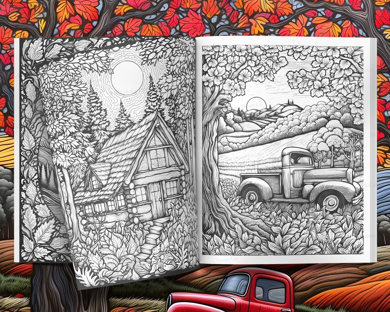 K&ouml;nnte beinhalten: Eine Schwarzwei&szlig;illustration eines aufgeschlagenen Malbuches mit zwei Seiten. Die linke Seite zeigt eine H&uuml;tte im Wald mit einem Mond am Himmel. Die rechte Seite zeigt einen alten Pick-up, der durch ein Feld mit sanften H&uuml;geln im Hintergrund f&auml;hrt.
