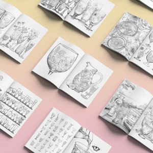 May include: A coloring book featuring detailed line drawings of various glassware, including goblets, pitchers, and wine glasses. The illustrations are intricate and detailed, showcasing the beauty of cut glass.