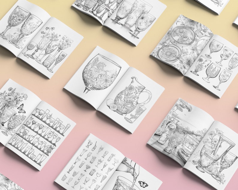 May include: A coloring book featuring detailed line drawings of various glassware, including goblets, pitchers, and wine glasses. The illustrations are intricate and detailed, showcasing the beauty of cut glass.