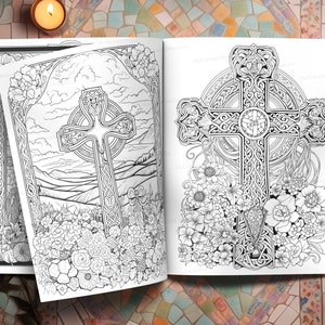 Puede incluir: Un libro para colorear con dos p&aacute;ginas que muestran intrincados dise&ntilde;os de cruces celtas. Una p&aacute;gina presenta una cruz con un fondo de paisaje, mientras que la otra p&aacute;gina muestra una cruz rodeada de flores.